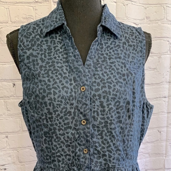Dots Animal Print Blue Buttoned Collared Knee-Length Denim Sundress Size XL - Picture 2 of 8